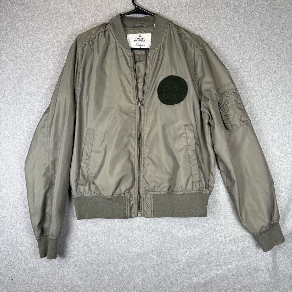 Cheap Monday Mens Size Small Rank Patch Full Zip Front Bomber Jacket Green
